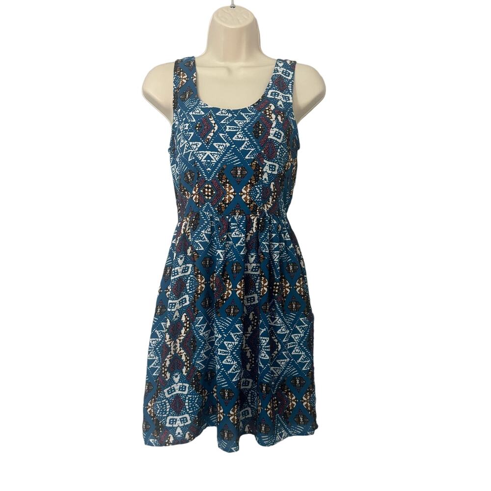 Xhilaration Women's Southwest Aztec Print Blue Skater Dress‎ Size XS NWOT
